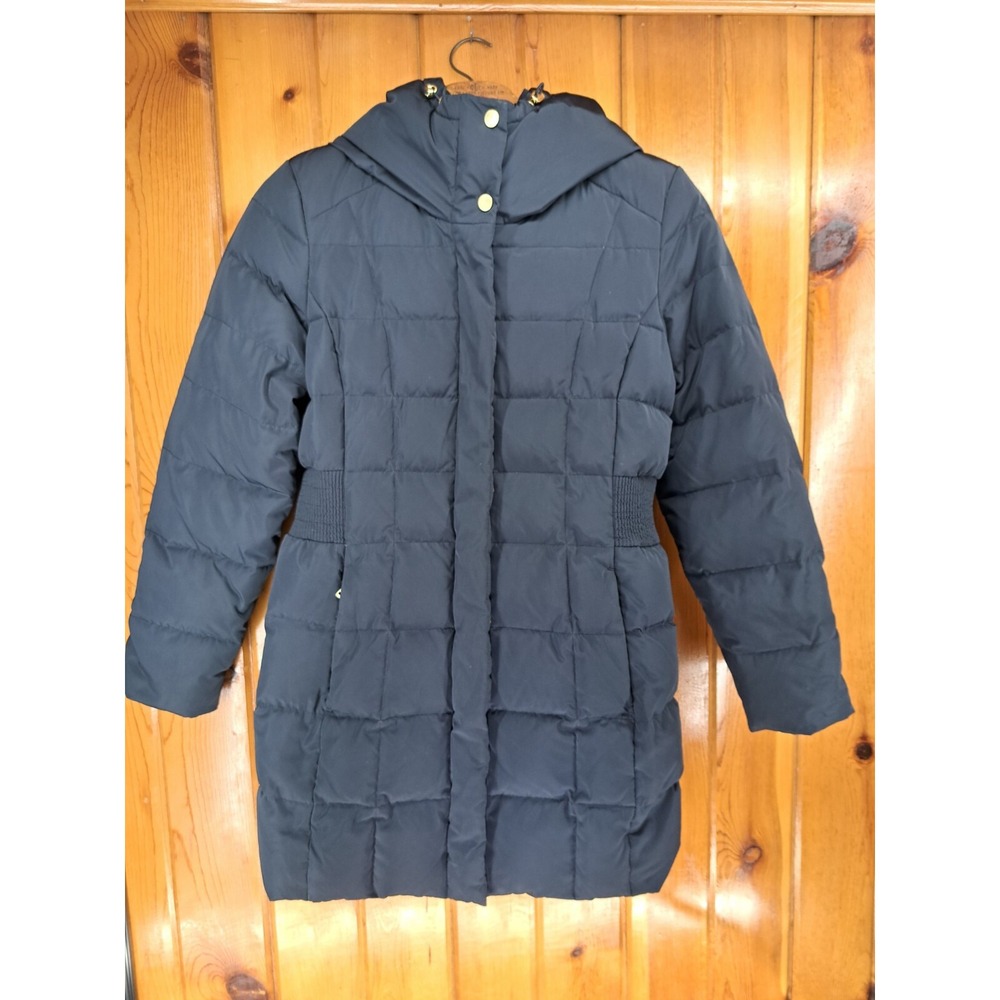 Cole Haan M Puffer Coat Women Medium Navy Blue Signature Down Fill Hooded Winter